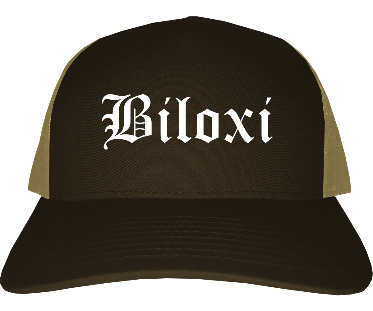 Biloxi Mississippi MS Old English Mens Trucker Hat Cap Brown