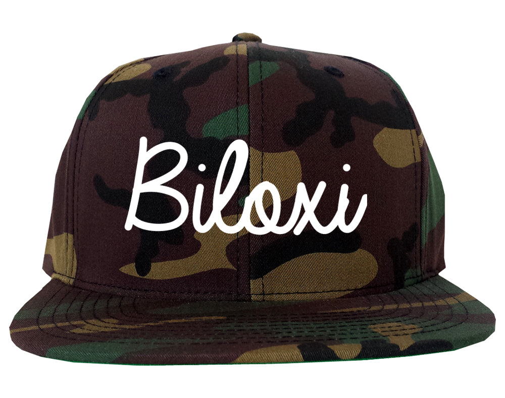 Biloxi Mississippi MS Script Mens Snapback Hat Army Camo