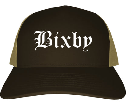 Bixby Oklahoma OK Old English Mens Trucker Hat Cap Brown