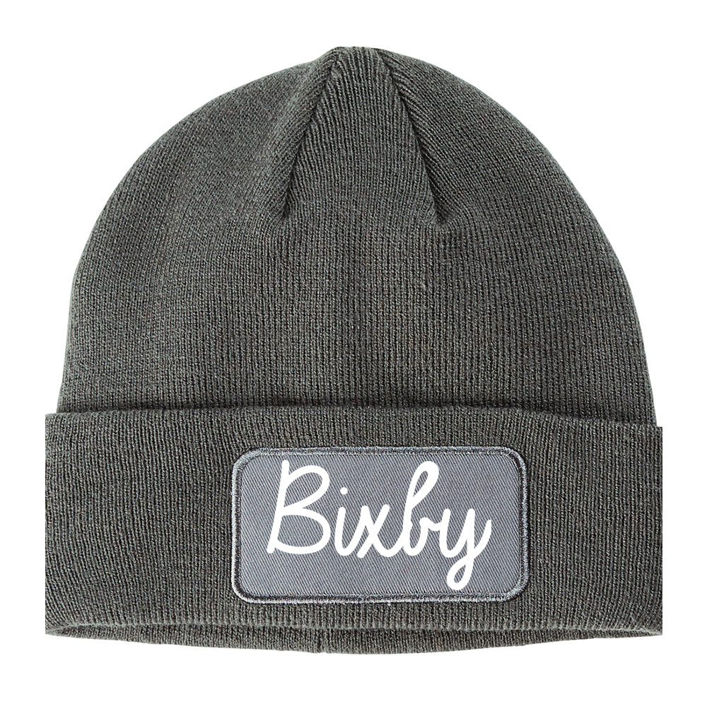 Bixby Oklahoma OK Script Mens Knit Beanie Hat Cap Grey