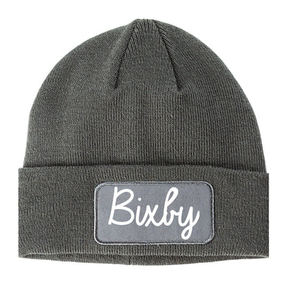Bixby Oklahoma OK Script Mens Knit Beanie Hat Cap Grey