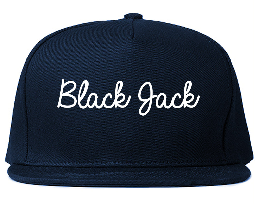 Black Jack Missouri MO Script Mens Snapback Hat Navy Blue