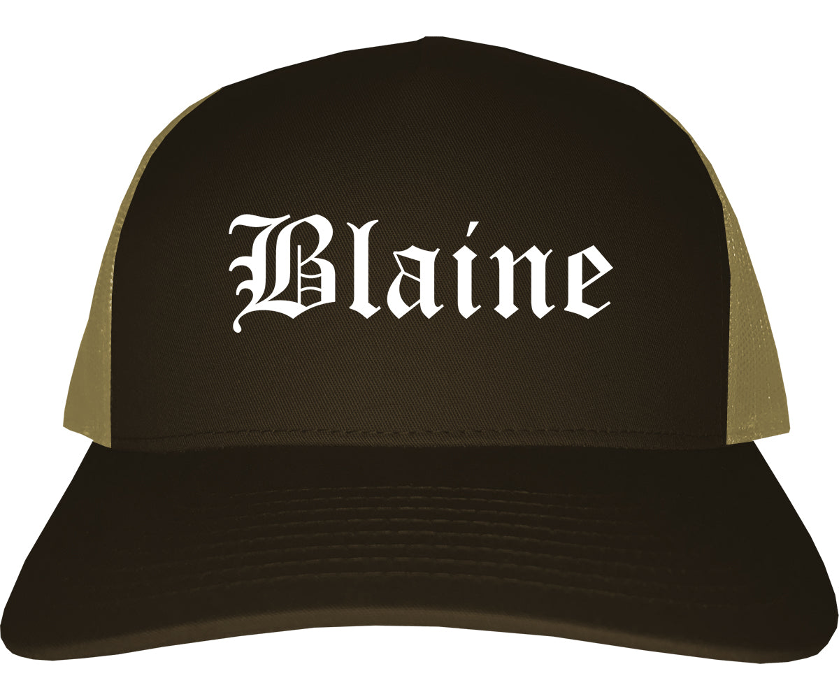 Blaine Minnesota MN Old English Mens Trucker Hat Cap Brown