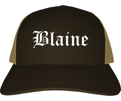Blaine Washington WA Old English Mens Trucker Hat Cap Brown