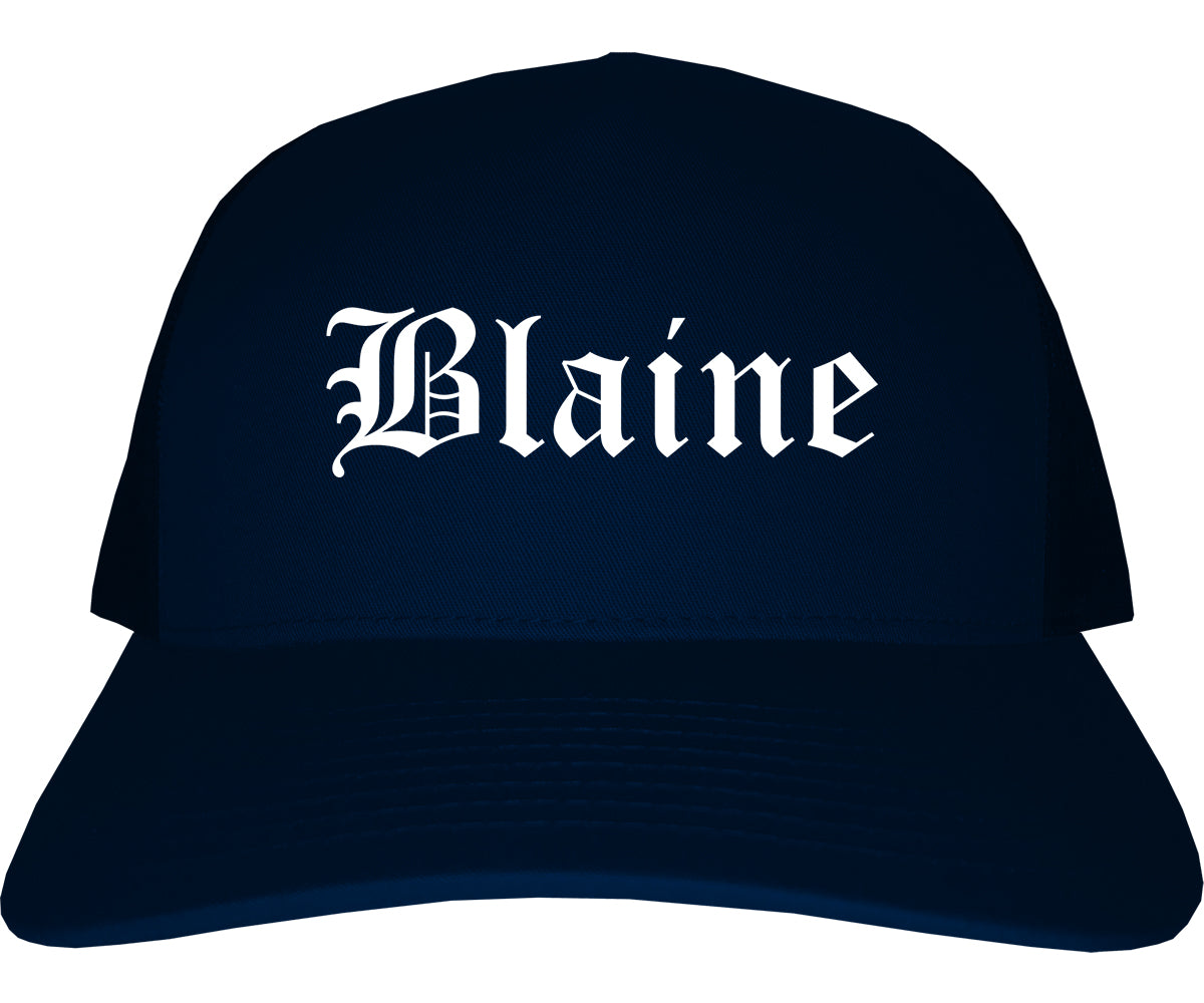 Blaine Washington WA Old English Mens Trucker Hat Cap Navy Blue