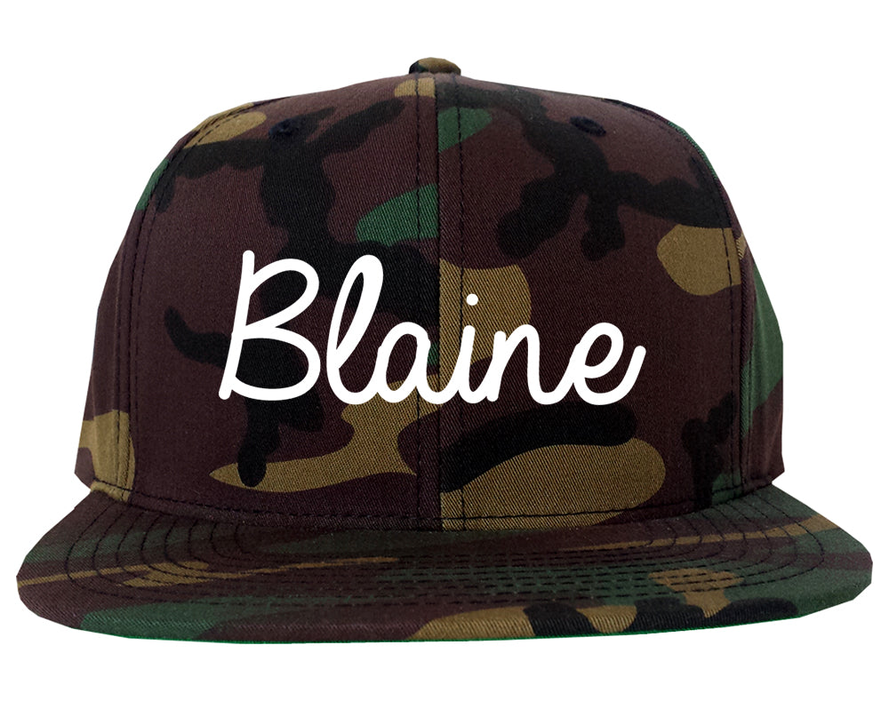 Blaine Washington WA Script Mens Snapback Hat Army Camo