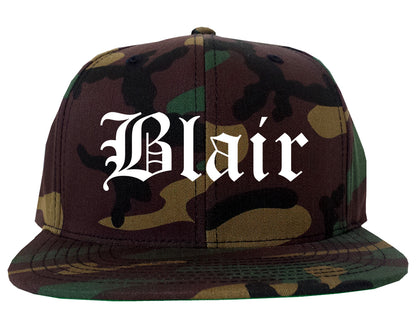 Blair Nebraska NE Old English Mens Snapback Hat Army Camo