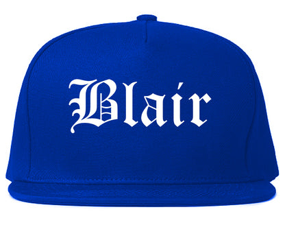 Blair Nebraska NE Old English Mens Snapback Hat Royal Blue