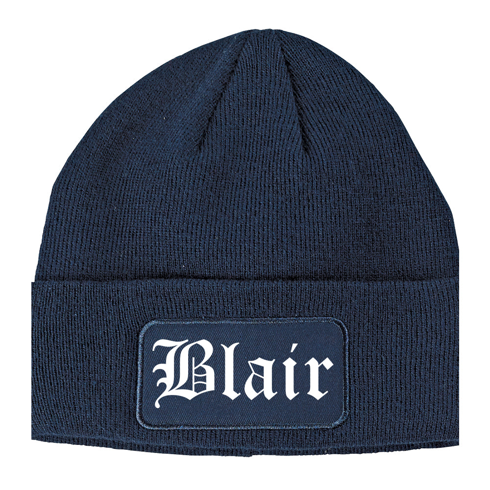 Blair Nebraska NE Old English Mens Knit Beanie Hat Cap Navy Blue