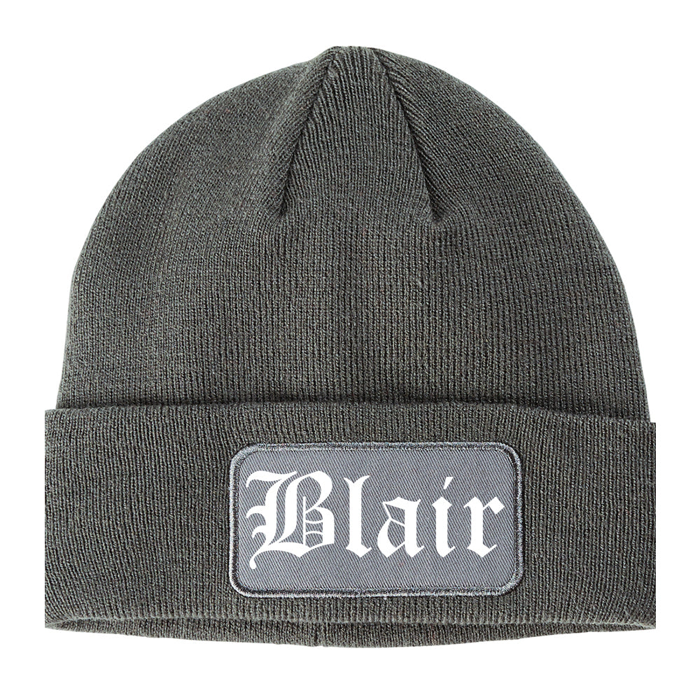 Blair Nebraska NE Old English Mens Knit Beanie Hat Cap Grey