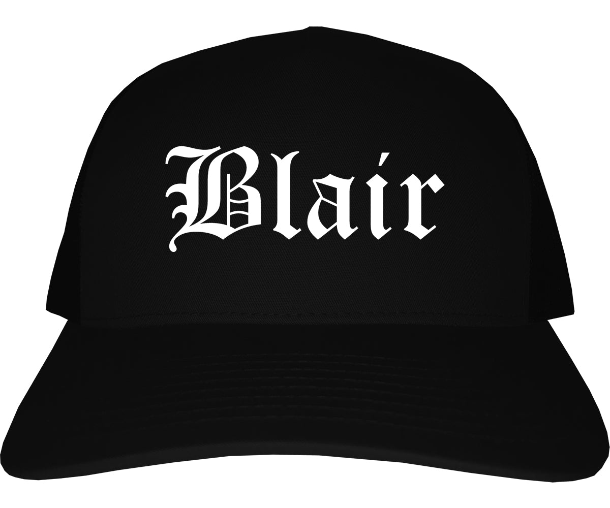 Blair Nebraska NE Old English Mens Trucker Hat Cap Black