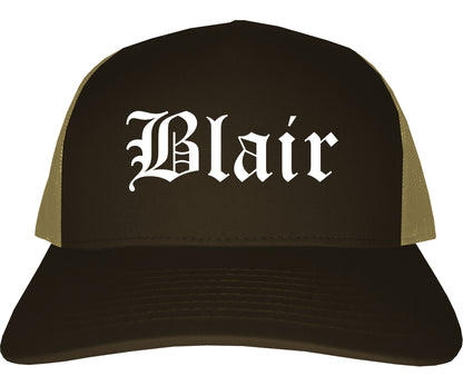Blair Nebraska NE Old English Mens Trucker Hat Cap Brown