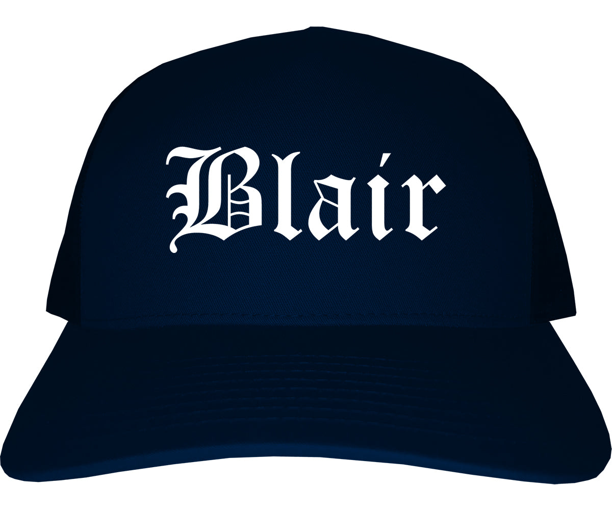Blair Nebraska NE Old English Mens Trucker Hat Cap Navy Blue