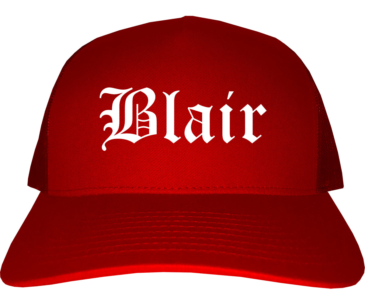 Blair Nebraska NE Old English Mens Trucker Hat Cap Red