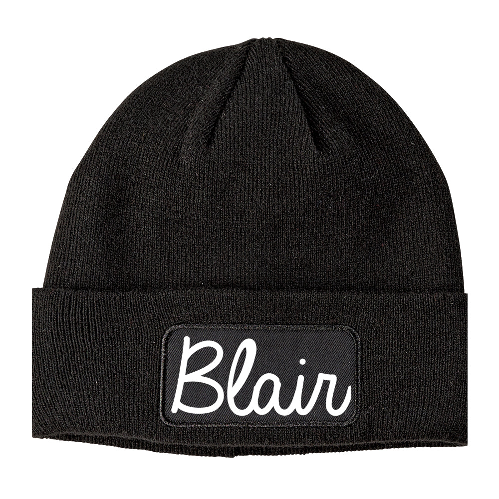 Blair Nebraska NE Script Mens Knit Beanie Hat Cap Black