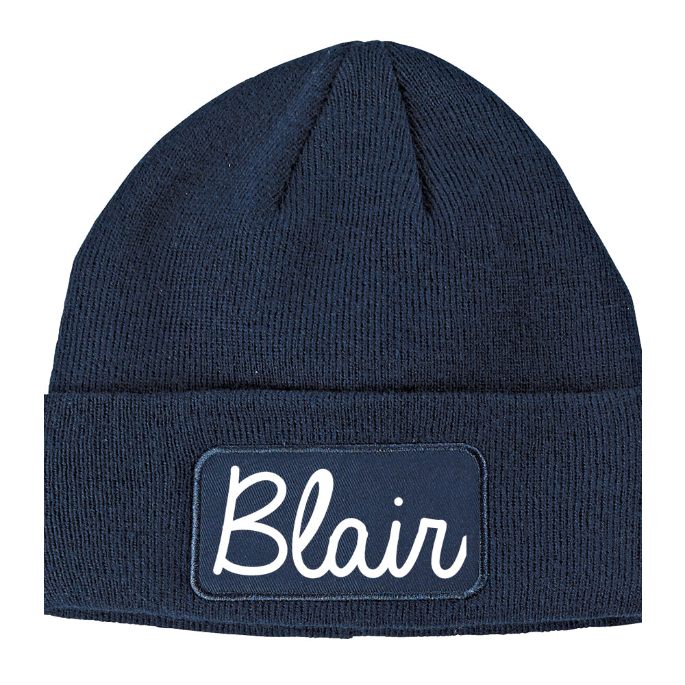Blair Nebraska NE Script Mens Knit Beanie Hat Cap Navy Blue