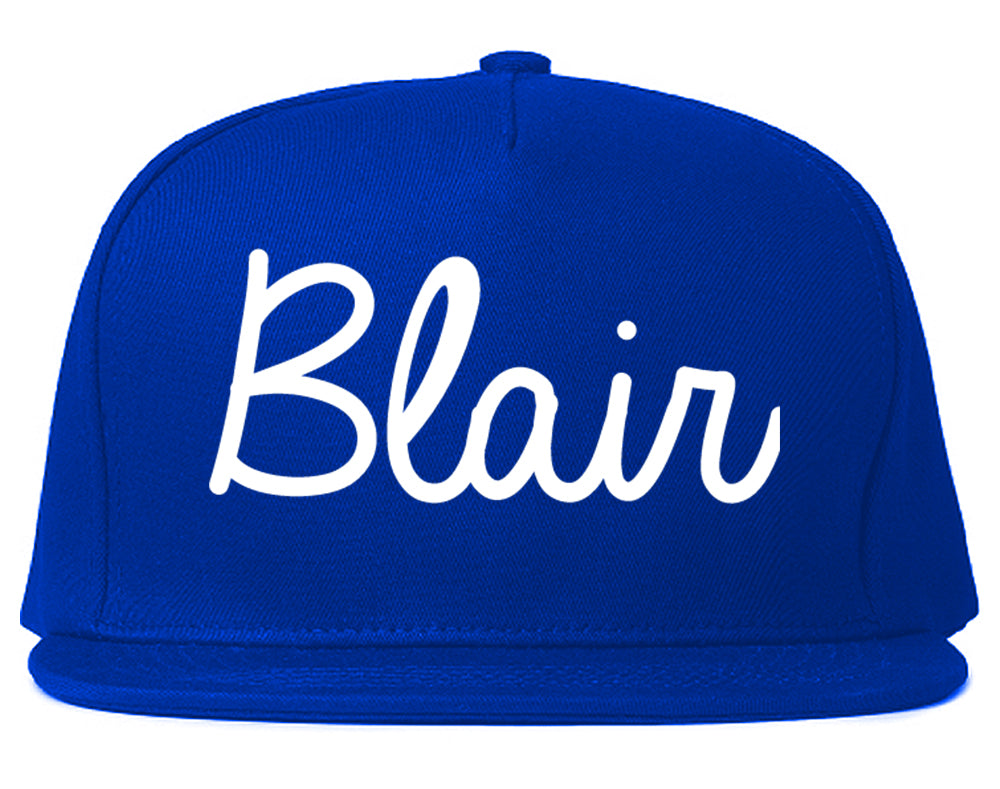 Blair Nebraska NE Script Mens Snapback Hat Royal Blue