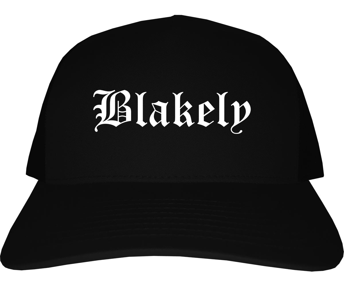 Blakely Georgia GA Old English Mens Trucker Hat Cap Black