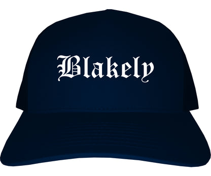Blakely Georgia GA Old English Mens Trucker Hat Cap Navy Blue