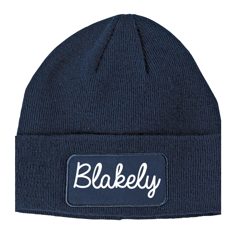 Blakely Georgia GA Script Mens Knit Beanie Hat Cap Navy Blue