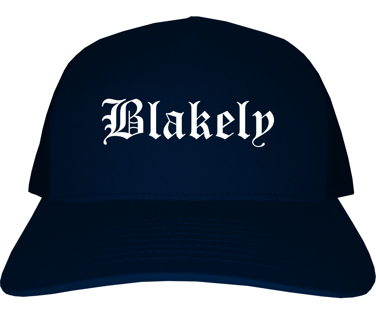 Blakely Pennsylvania PA Old English Mens Trucker Hat Cap Navy Blue