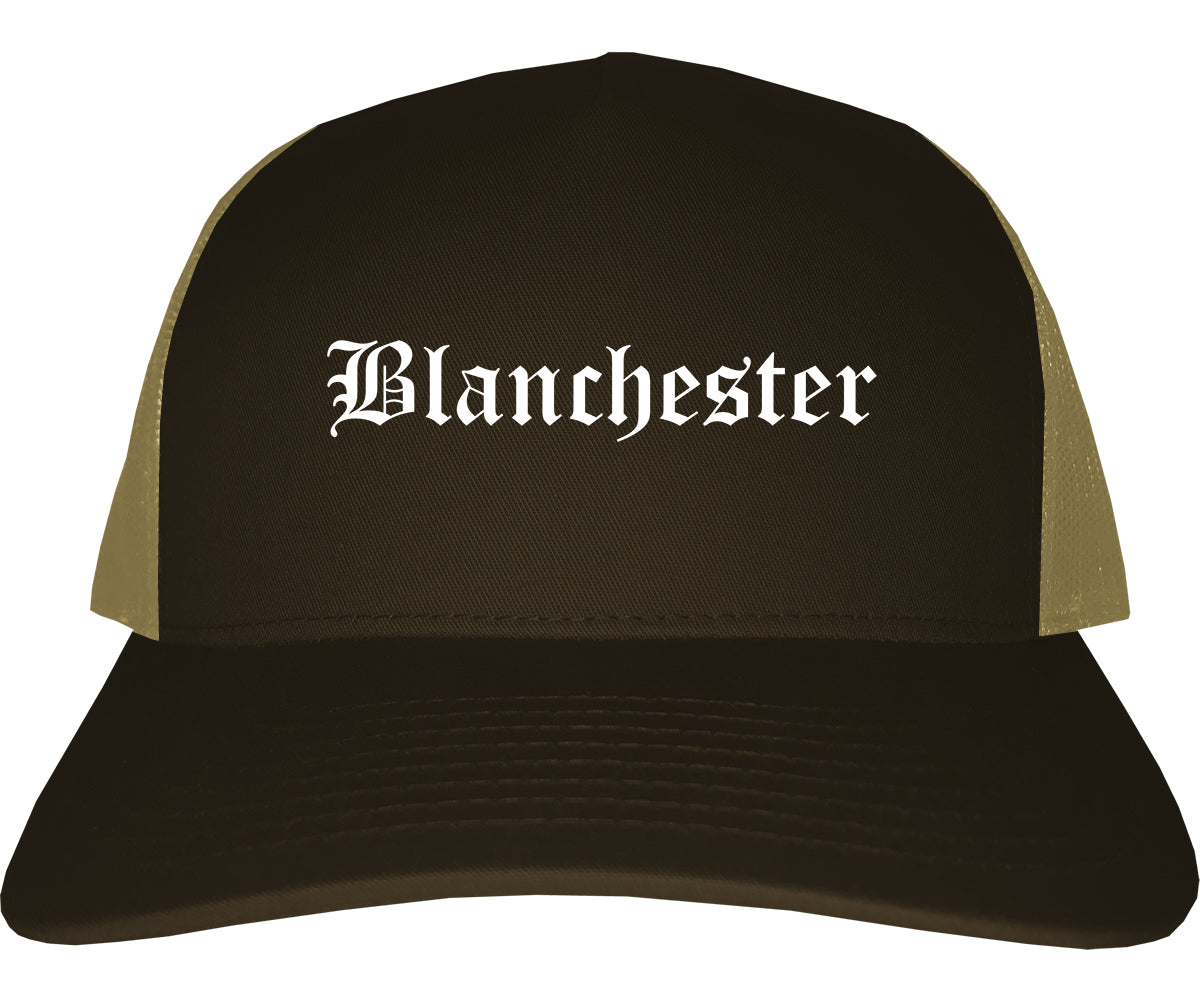 Blanchester Ohio OH Old English Mens Trucker Hat Cap Brown