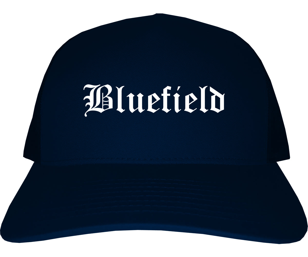 Bluefield Virginia VA Old English Mens Trucker Hat Cap Navy Blue