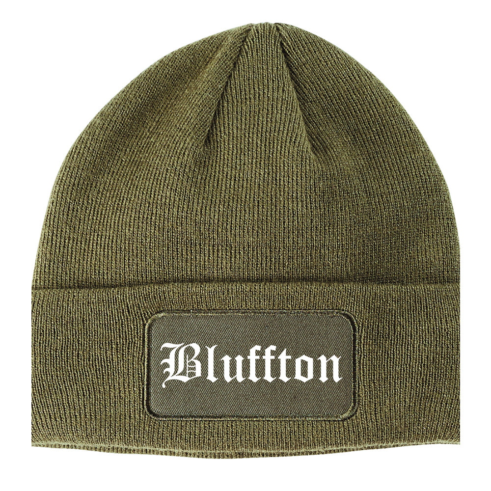Bluffton Indiana IN Old English Mens Knit Beanie Hat Cap Olive Green