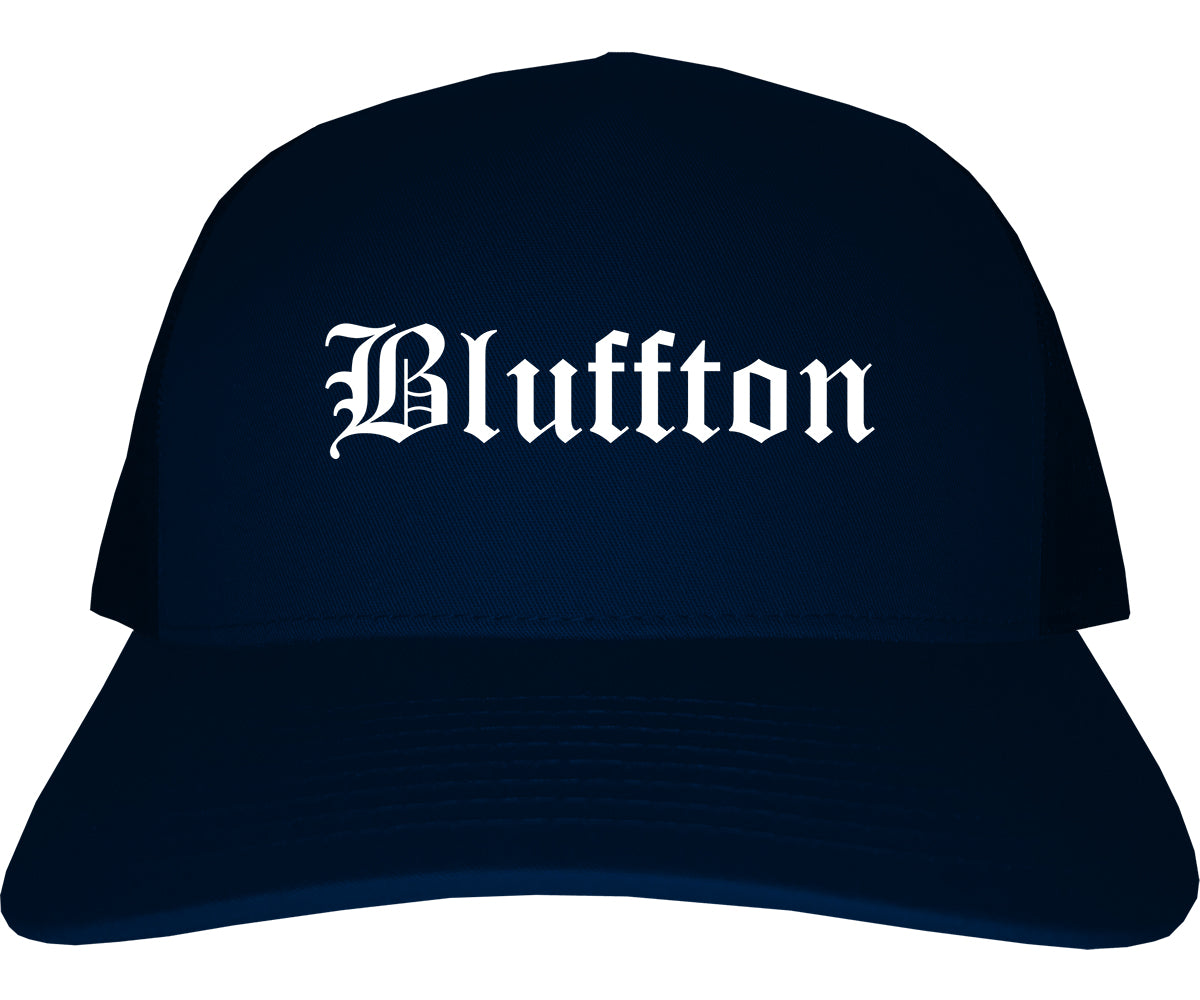 Bluffton Indiana IN Old English Mens Trucker Hat Cap Navy Blue
