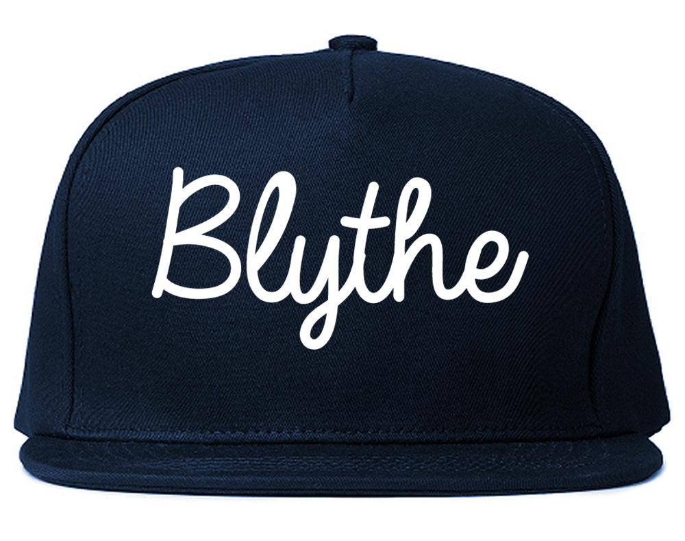 Blythe California CA Script Mens Snapback Hat Navy Blue