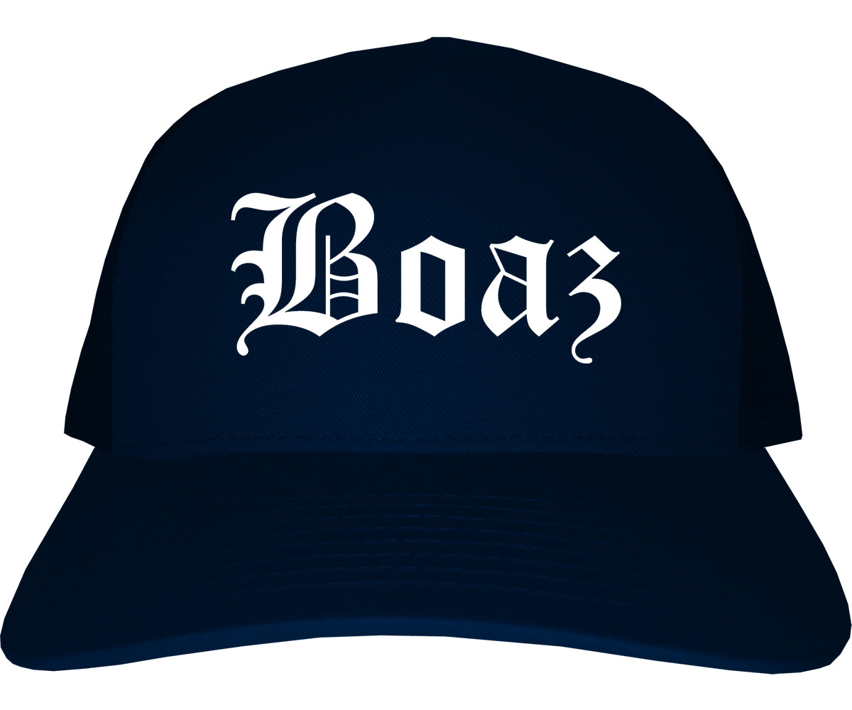 Boaz Alabama AL Old English Mens Trucker Hat Cap Navy Blue