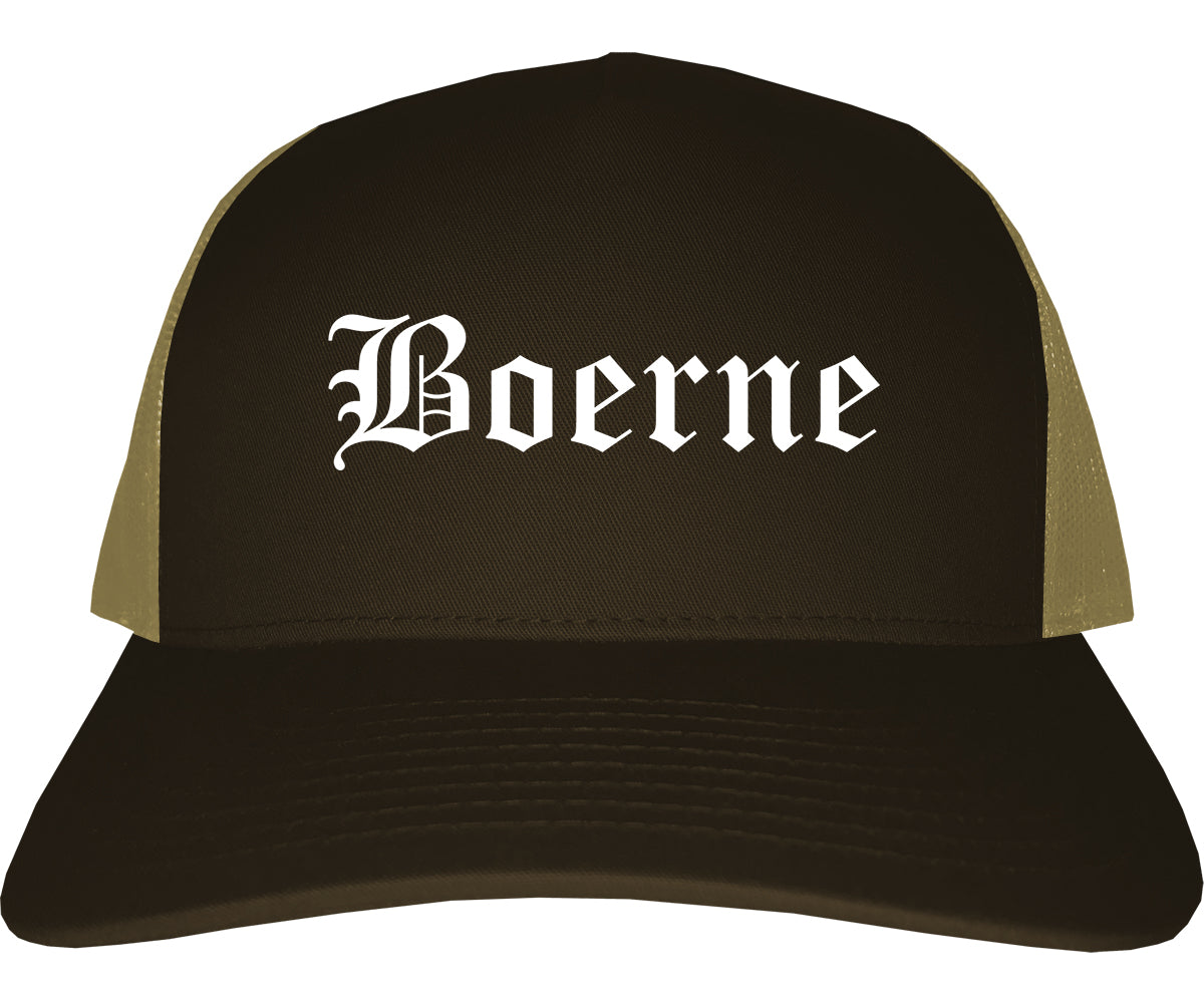 Boerne Texas TX Old English Mens Trucker Hat Cap Brown