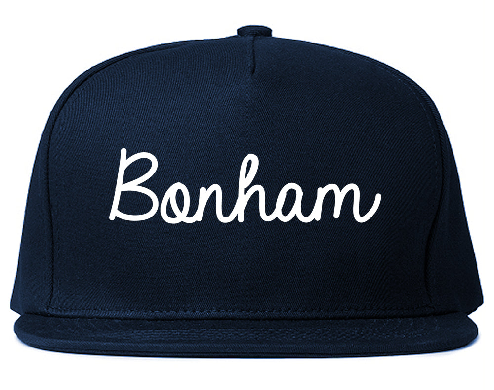 Bonham Texas TX Script Mens Snapback Hat Navy Blue