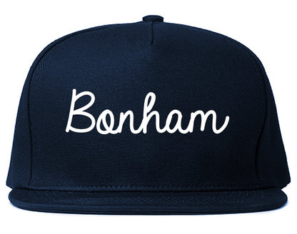 Bonham Texas TX Script Mens Snapback Hat Navy Blue