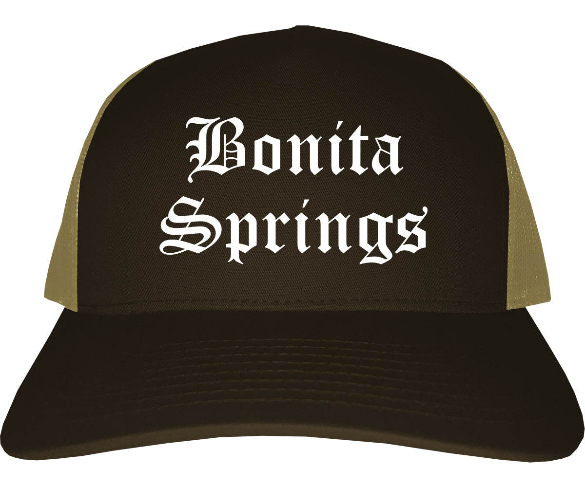 Bonita Springs Florida FL Old English Mens Trucker Hat Cap Brown