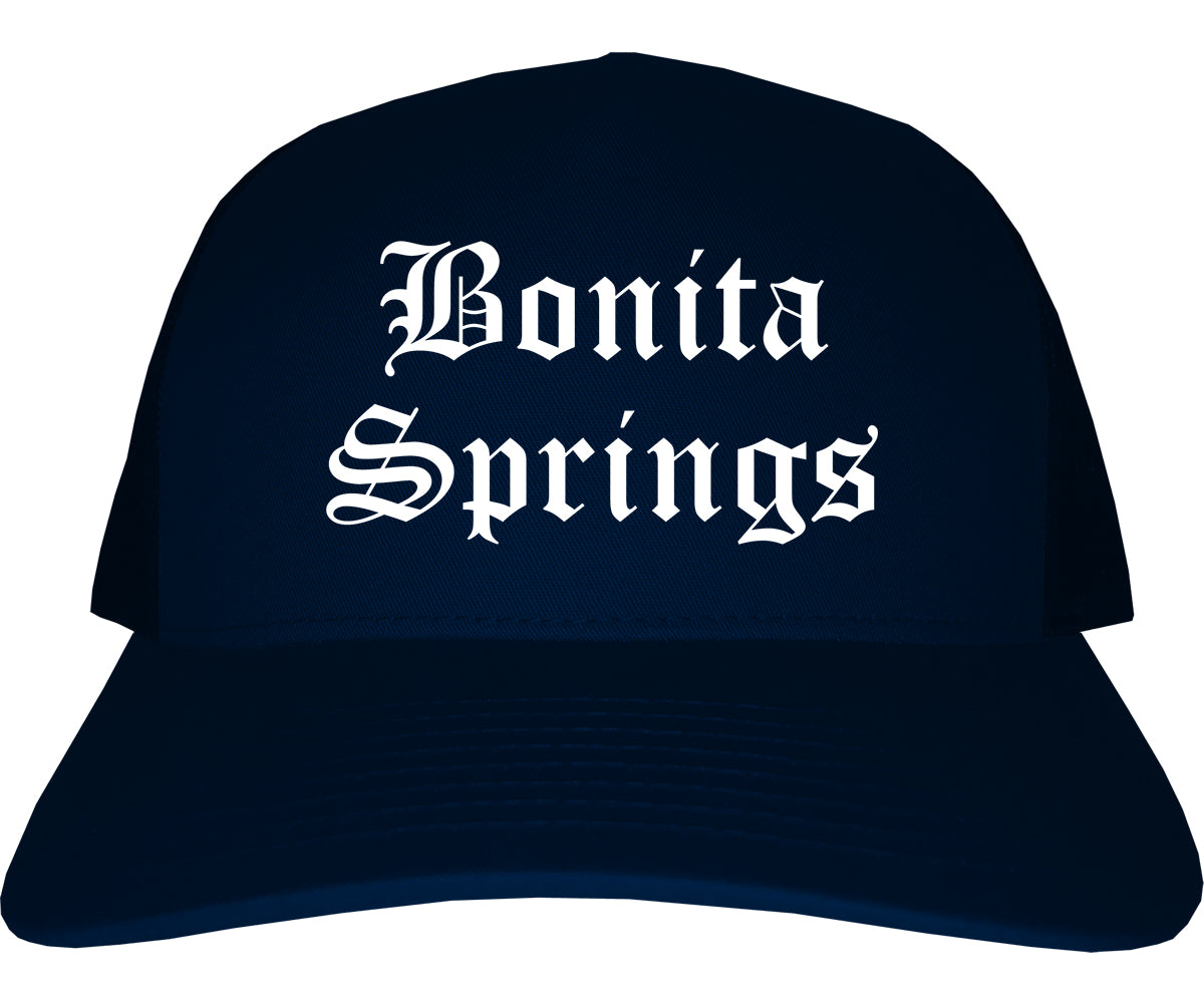 Bonita Springs Florida FL Old English Mens Trucker Hat Cap Navy Blue