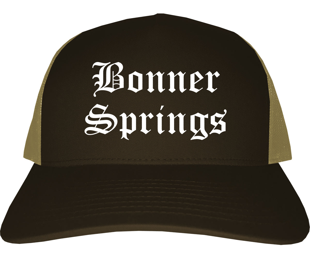 Bonner Springs Kansas KS Old English Mens Trucker Hat Cap Brown