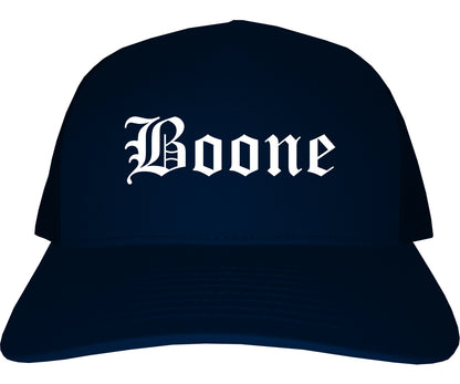 Boone Iowa IA Old English Mens Trucker Hat Cap Navy Blue