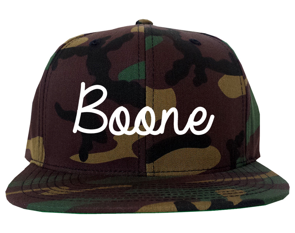 Boone North Carolina NC Script Mens Snapback Hat Army Camo