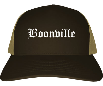 Boonville Indiana IN Old English Mens Trucker Hat Cap Brown