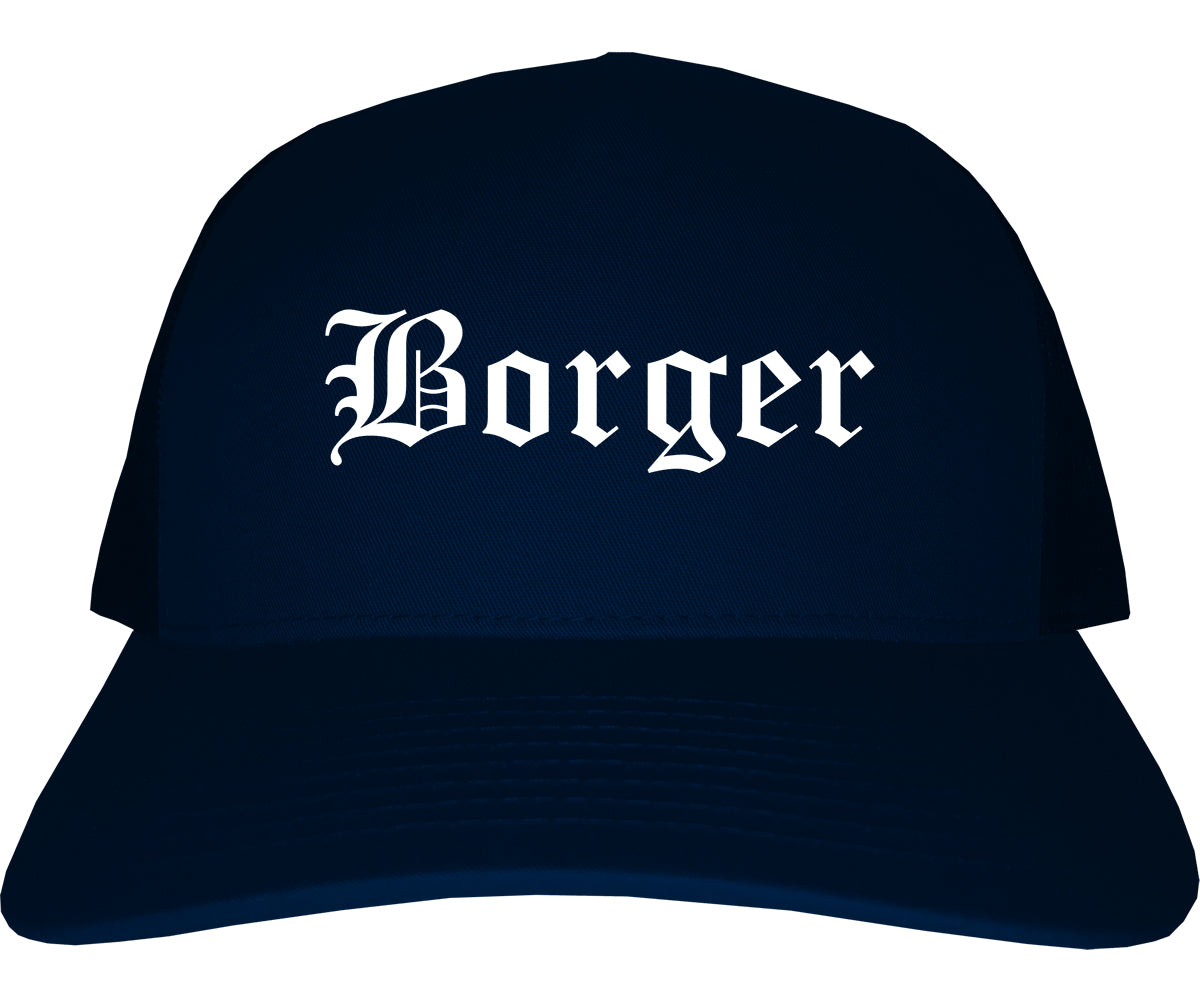 Borger Texas TX Old English Mens Trucker Hat Cap Navy Blue