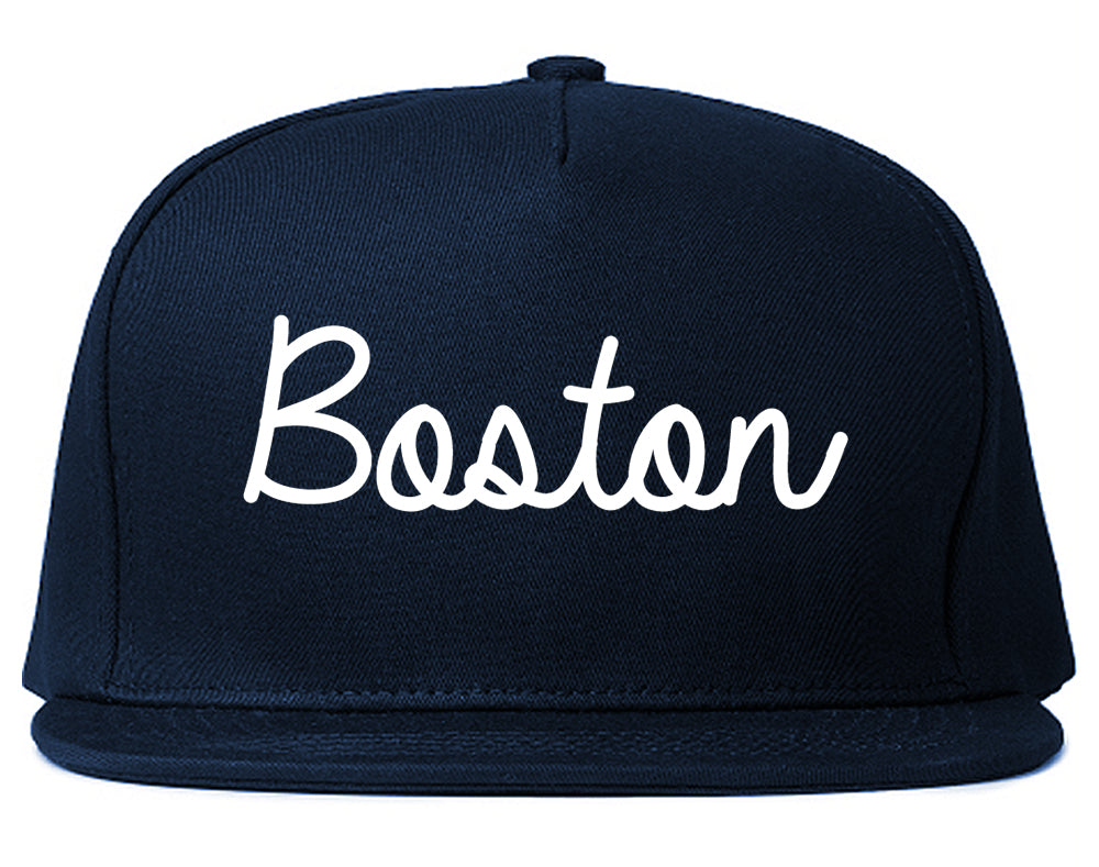Boston Massachusetts MA Script Mens Snapback Hat Navy Blue