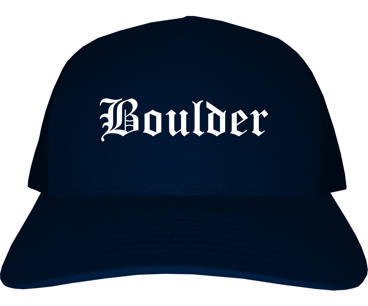 Boulder Colorado CO Old English Mens Trucker Hat Cap Navy Blue