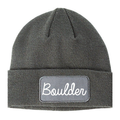Boulder Colorado CO Script Mens Knit Beanie Hat Cap Grey