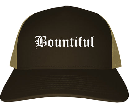 Bountiful Utah UT Old English Mens Trucker Hat Cap Brown