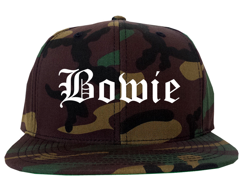 Bowie Texas TX Old English Mens Snapback Hat Army Camo