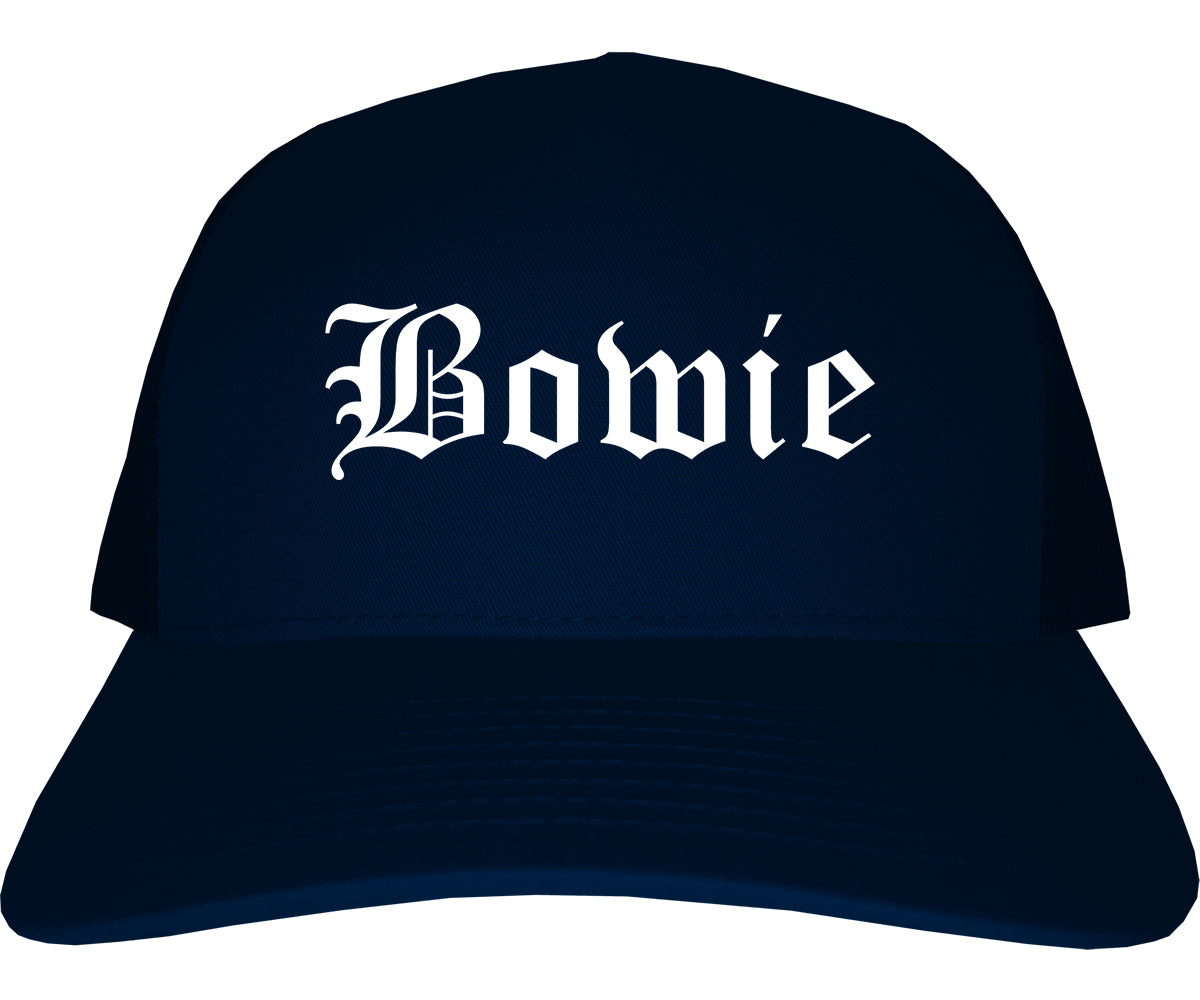 Bowie Texas TX Old English Mens Trucker Hat Cap Navy Blue