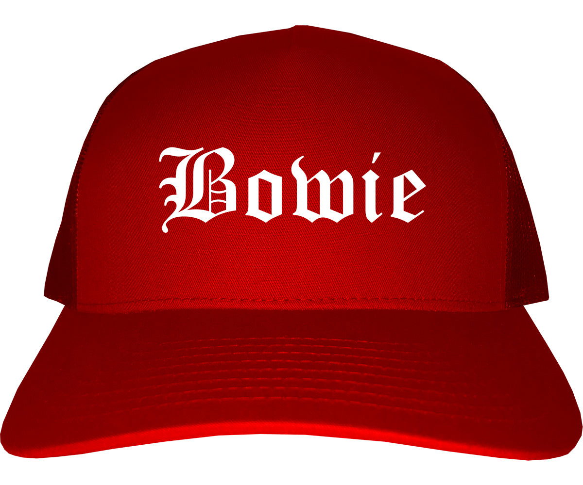 Bowie Texas TX Old English Mens Trucker Hat Cap Red
