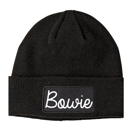 Bowie Texas TX Script Mens Knit Beanie Hat Cap Black