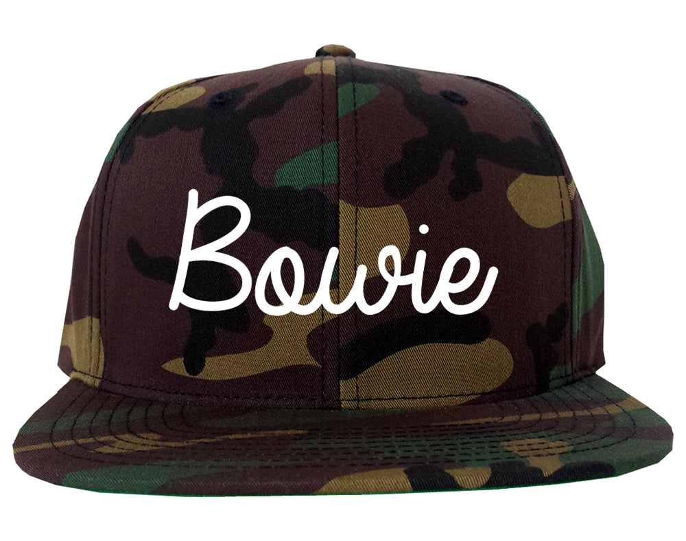 Bowie Texas TX Script Mens Snapback Hat Army Camo